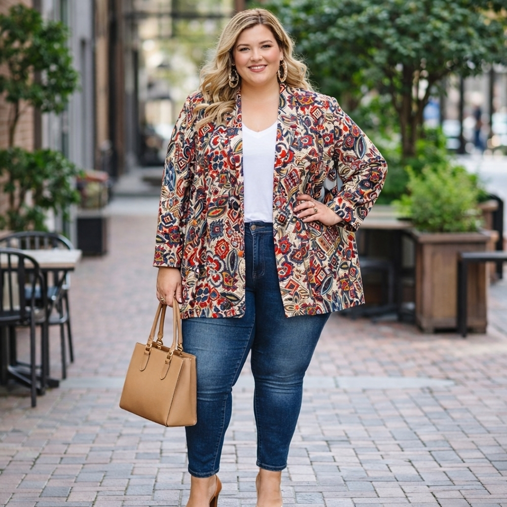 Requirements Boho Floral Blazer Size 22W Effortless Cozy Chic Layer Made in USA